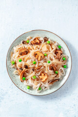 Konjac pasta with mushrooms, shot from the top