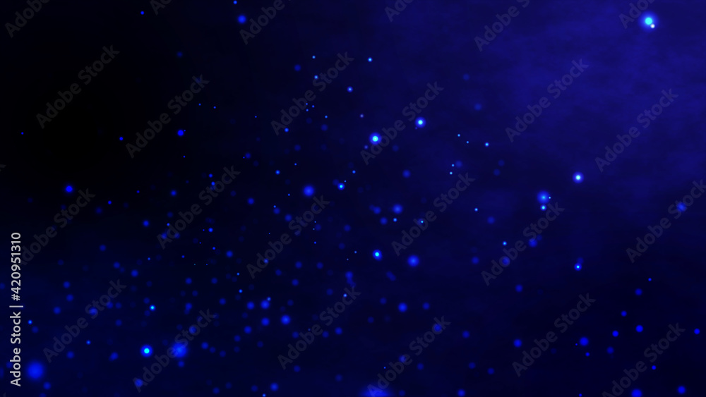 Wall mural beautiful blue shimmering dust particles with dark on blue background in slow motion. motion graphic