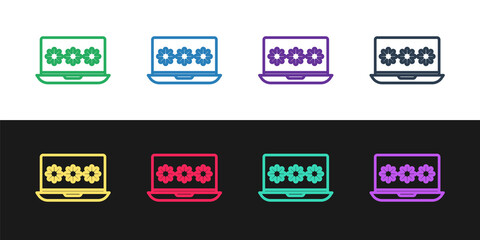 Set line Laptop with password notification icon isolated on black and white background. Security, personal access, user authorization, login form. Vector Illustration