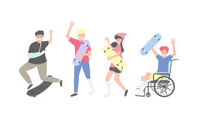 These people get different physical injuries by playing a skateboard. Flat design