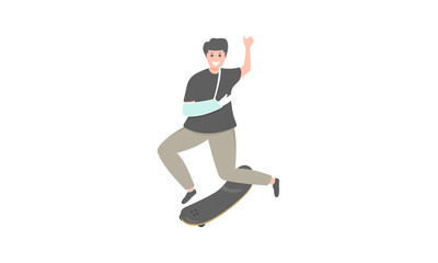A man breaks his arm during skateboarding. Flat design