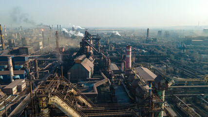 steel plant top view drone shooting industry smoke from chimneys