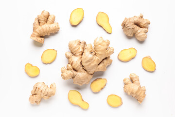 Fresh ginger on white background