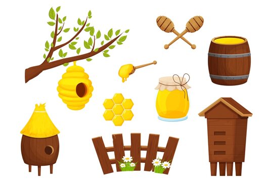 Set Of Different Wooden Beehive, Cute Fence, Honey Dipper, Barrel And Glass Jar. Apiculture, Beekeeping Equipment, Cartoon Objects Isolated On White Background Stock Vector Illustration.