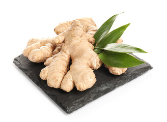 Fresh ginger and slate plate on white background