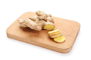 Fresh ginger and cutting board on white background
