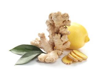 Fresh ginger and lemon on white background