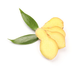 Fresh cut ginger on white background