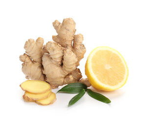 Fresh ginger and lemon on white background