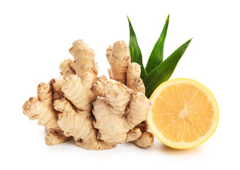 Fresh ginger and lemon on white background