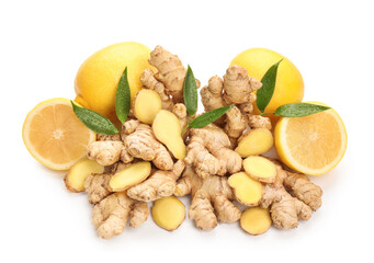 Fresh ginger and lemon on white background