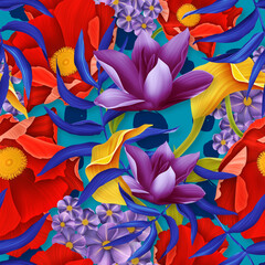 Colourful Seamless Pattern with tropic flowers and leaves.