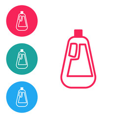 Red line Plastic bottle for liquid laundry detergent, bleach, dishwashing liquid icon isolated on white background. Set icons in circle buttons. Vector Illustration