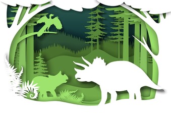 Paper cut dino silhouettes and nature landscape, vector illustration. Dinosaur, reptile wild animal. Archeology, history