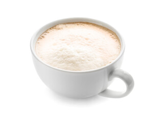 Cup of tasty latte on white background