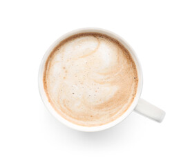 Cup of tasty latte on white background