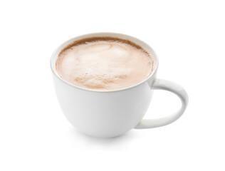 Cup of tasty latte on white background