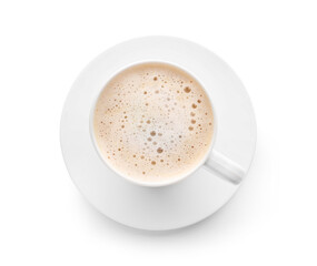 Cup of tasty latte on white background