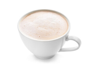 Cup of tasty latte on white background
