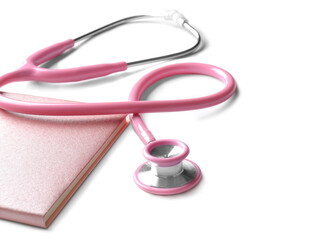 Stethoscope and notebook on white background, closeup