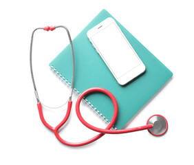 Fototapeta na wymiar Stethoscope, notebook and mobile phone on white background