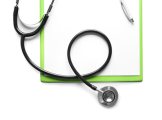 Stethoscope, clipboard and pen on white background