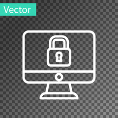 White line Lock on computer monitor screen icon isolated on transparent background. Security, safety, protection concept. Safe internetwork. Vector
