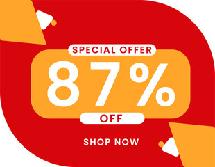 Special offer 87 percent discount banner, Sale and special offer banner. 87% off shop now