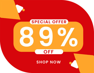 Special offer 89 percent discount banner, Sale and special offer banner. 89% off shop now