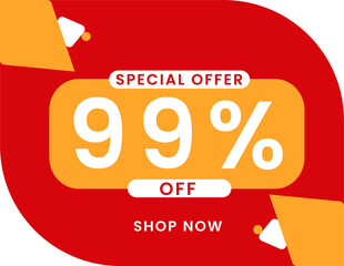 Special offer 99 percent discount banner, Sale and special offer banner. 99% off shop now