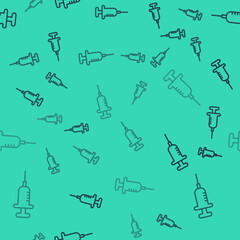Black line Syringe icon isolated seamless pattern on green background. Syringe for vaccine, vaccination, injection, flu shot. Medical equipment. Vector