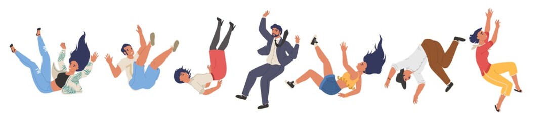 Falling character set, flat vector illustration. Shocked falling down people because of stumbling, slipping, accident. © Siberian Art