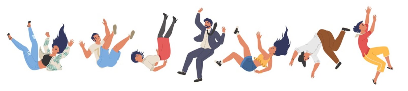 Falling character set, flat vector illustration. Shocked falling down people because of stumbling, slipping, accident.