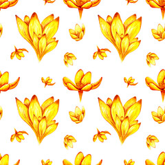Hand drawn watercolor seamless floral pattern with yellow orange ochre crocus saffron flowers 3018