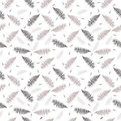 Seamless pattern of fern leaves. Botanical illustration of various shapes and shades of brown. Isolated on white, for textile and wrapping paper. Stock illustration.