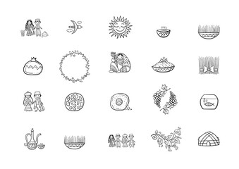 Nowruz, holiday of arrival of spring. Holiday symbols, people, food, customs and traditions. Icons set for your design