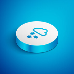 Isometric line Cloud with snow icon isolated on blue background. Cloud with snowflakes. Single weather icon. Snowing sign. White circle button. Vector