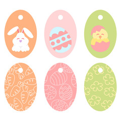 Easter tag with painted eggs, rabbit and chicken
