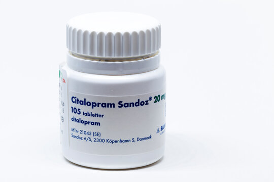Umea, Norrland Sweden - March 1, 2021: a jar of Citalopram, sedative medicine