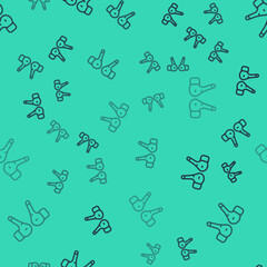 Black line Air headphones icon icon isolated seamless pattern on green background. Holder wireless in case earphones garniture electronic gadget. Vector