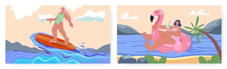 Tropical beach landing page design, website banner vector template set. Surfing, beach water activities, recreation.