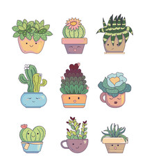 Floral set with vector cactuses and succulents flat illustration. Cute cartoon cacti and succulents in stylish planters and pots, trendy home decor, desert plants isolated on white background.