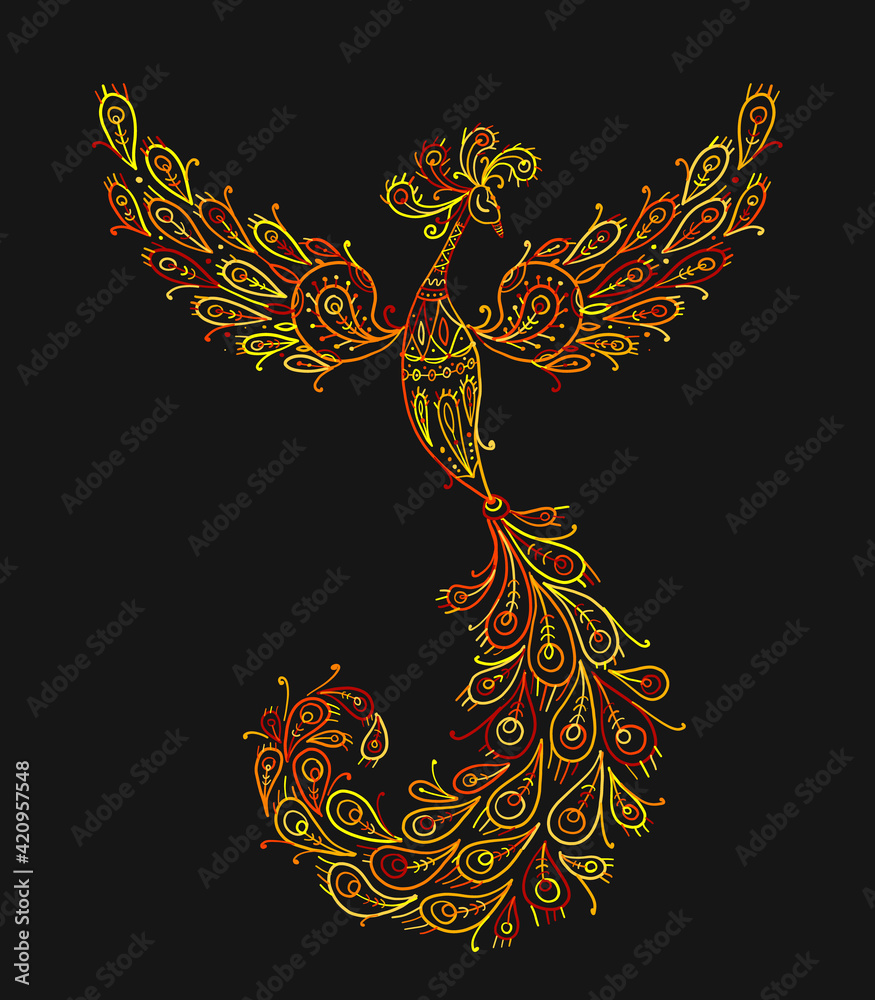 Poster Firebird with a Majestic Tail. Phoenix Bird. Mythical character. Ornamental Silhouette for your design