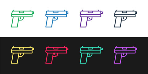 Set line Pistol or gun icon isolated on black and white background. Police or military handgun. Small firearm. Vector