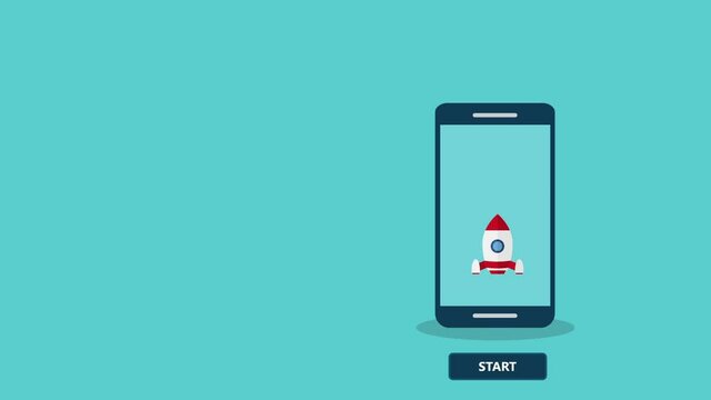 App launch. Startup concept, rocket or rocketship launch, mobile phone or smartphone, idea of successful business project start up, boost technology, innovation.