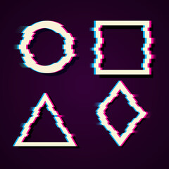Vector set of frames in distorted glitch style. Circle, square, triangle, rhombus in distorted glitch style.