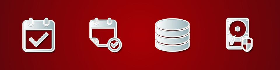 Set Calendar with check mark, , Database and Hard disk drive HDD protection icon. Vector