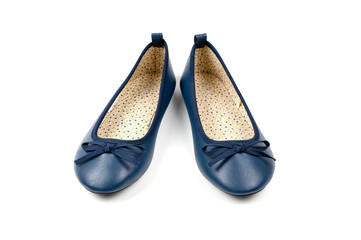 Women's light blue low-heeled shoes, shot against a white background.