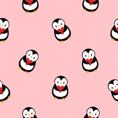 Vector seamless pattern of colored flat cartoon cute penguin with heart isolated on pink background