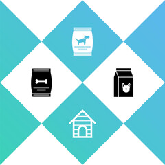 Set Bag of food for pet, Dog house, dog and icon. Vector